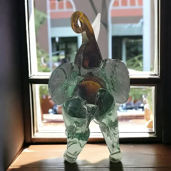 Murano Handblown Green Glass Elephant Figure W/Good Luck White Upward Tusk - Picture 6 of 16